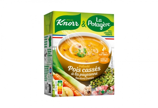 Velouté de pois cassés à la paysanne lardons fumés